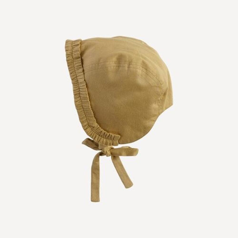 NWT Kate Quinn Little Tiny Ruffle Bonnet Honey Mustard Sateen Hat 3-6m